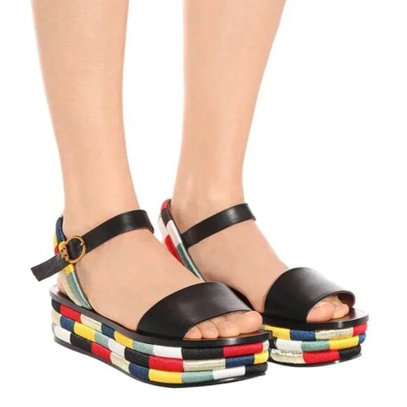 TORY BURCH Women's Black Leather Multicolor Embroidered Camilla Platform Sandal